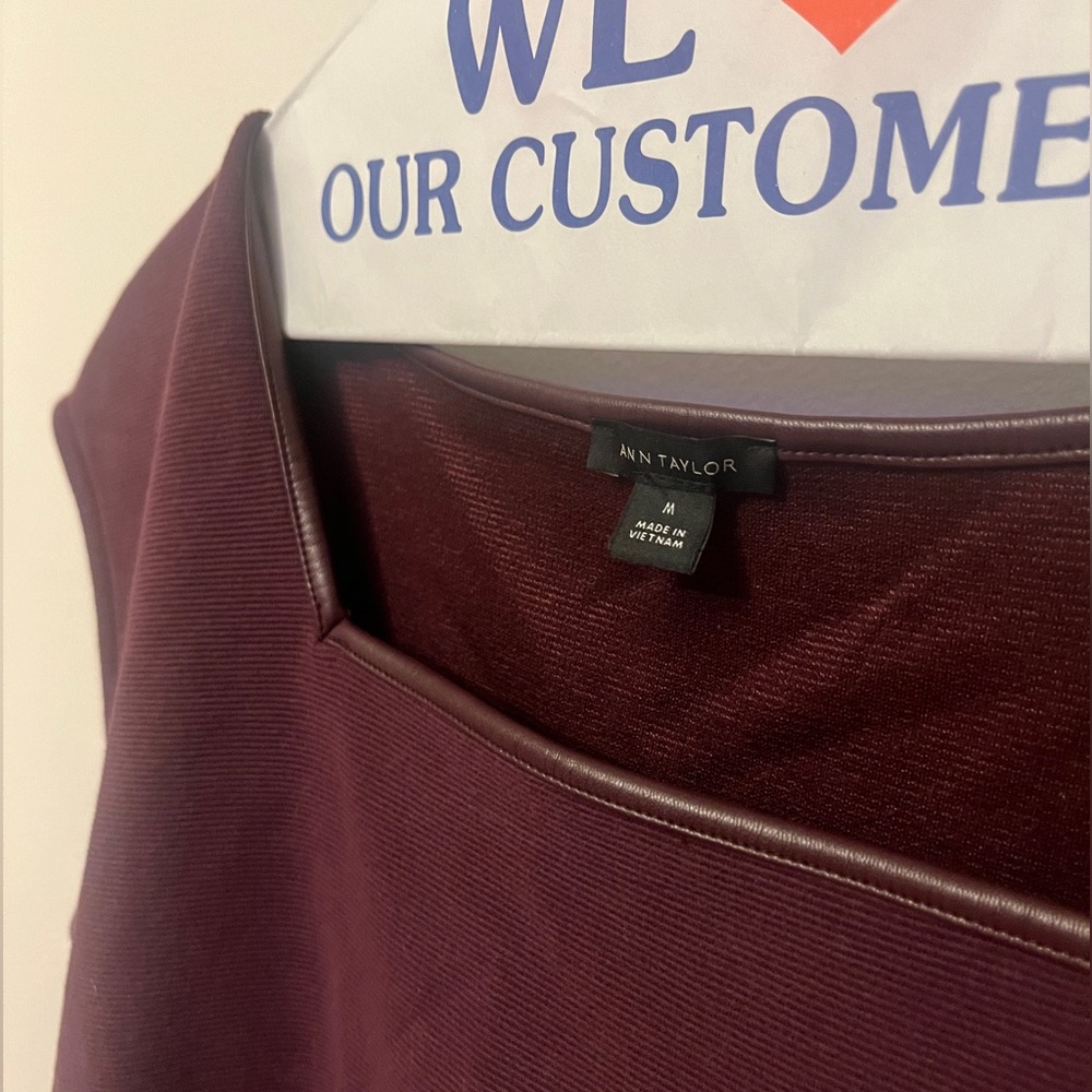 LOFT square neck short sleeve purple shirt with faux leather detail